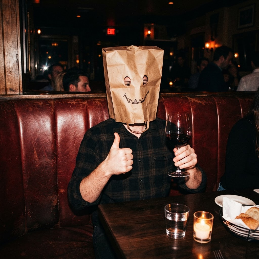 Man in a paper bag sitting in a red booth with a glass of wine, giving a thumbs up