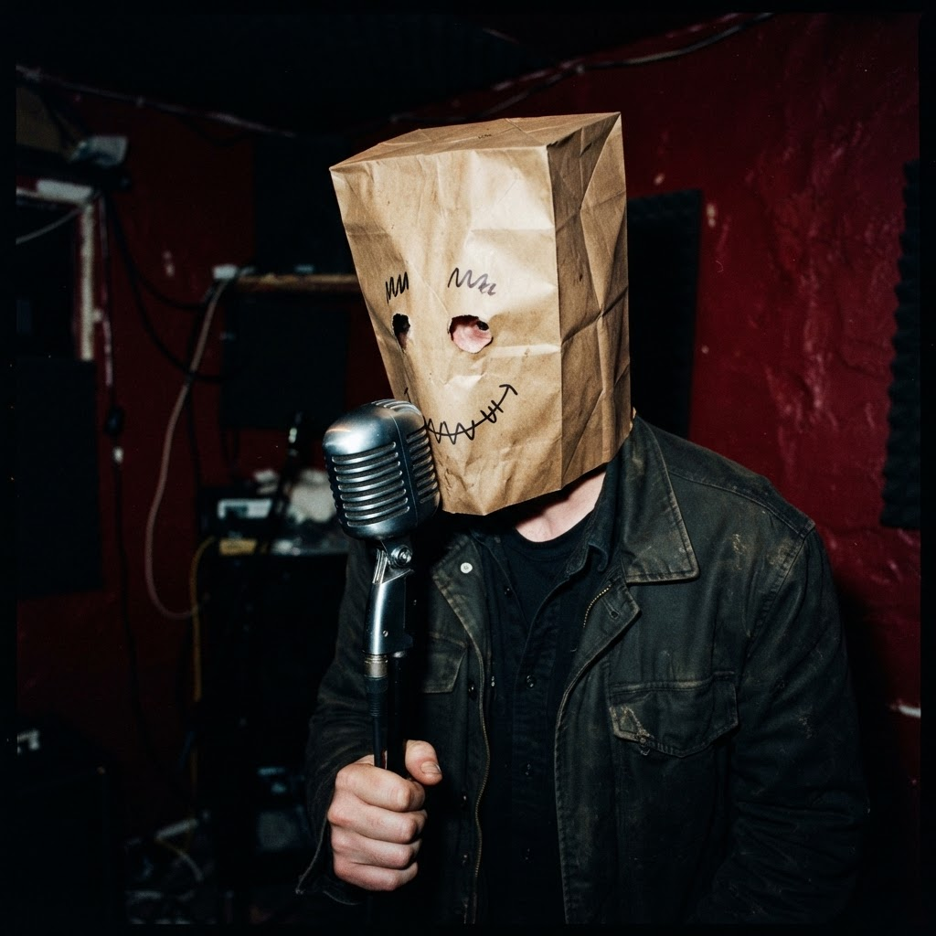 Man in a paper bag whispering very close to a vintage microphone