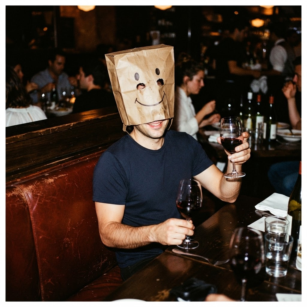 Man in a paper bag holding two glasses of red wine